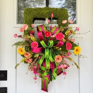 Charming Charlie Pink & Green Ribbon Floral Door Hanger
